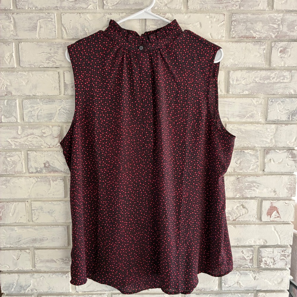 Ann Taylor Womens XL Red Black Polka Dot Ruffle High Neck Sleeveless Blouse Top